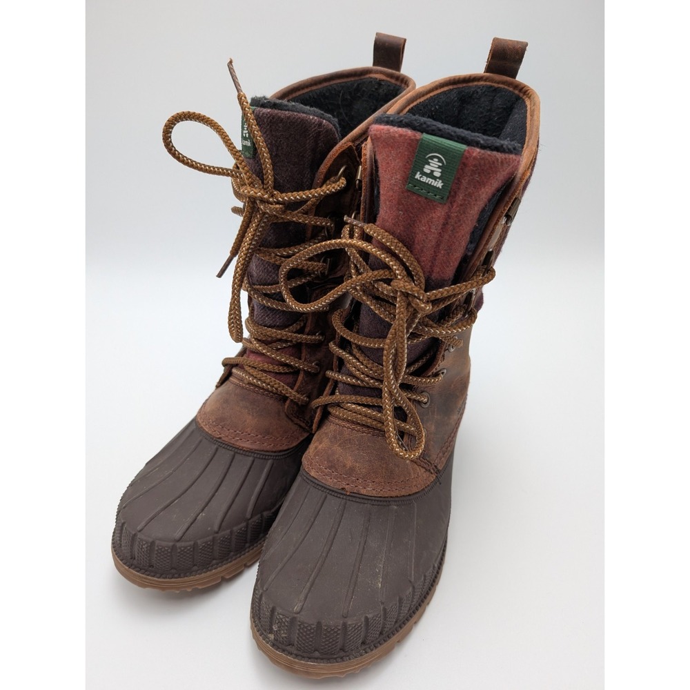 Kamik Newโ Women's High Boots Lace Up Size 7 Dark Brown Leather Red Plaid